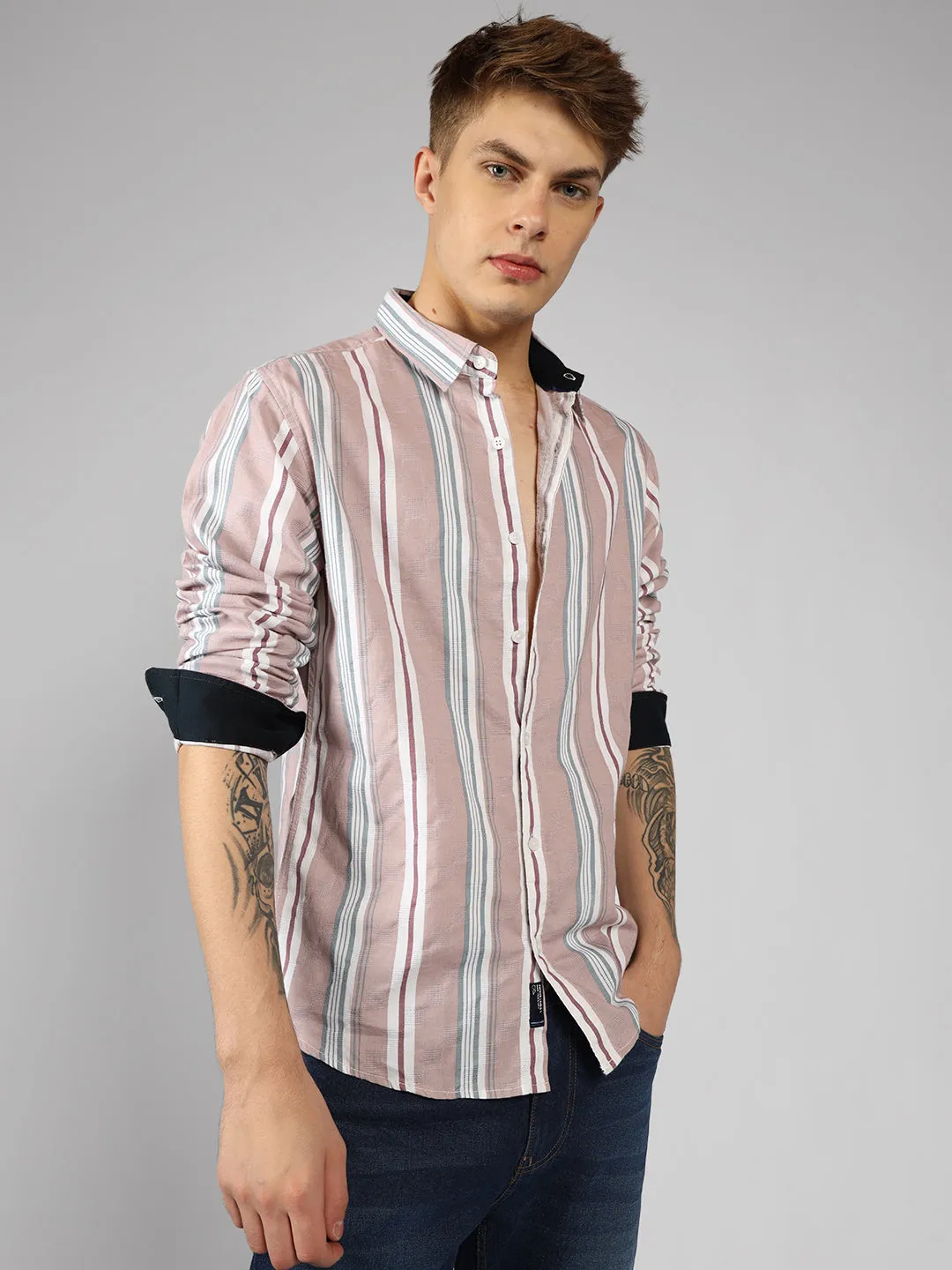 Men's Pink Striped Spread Collar Full Sleeve Regular Shirt