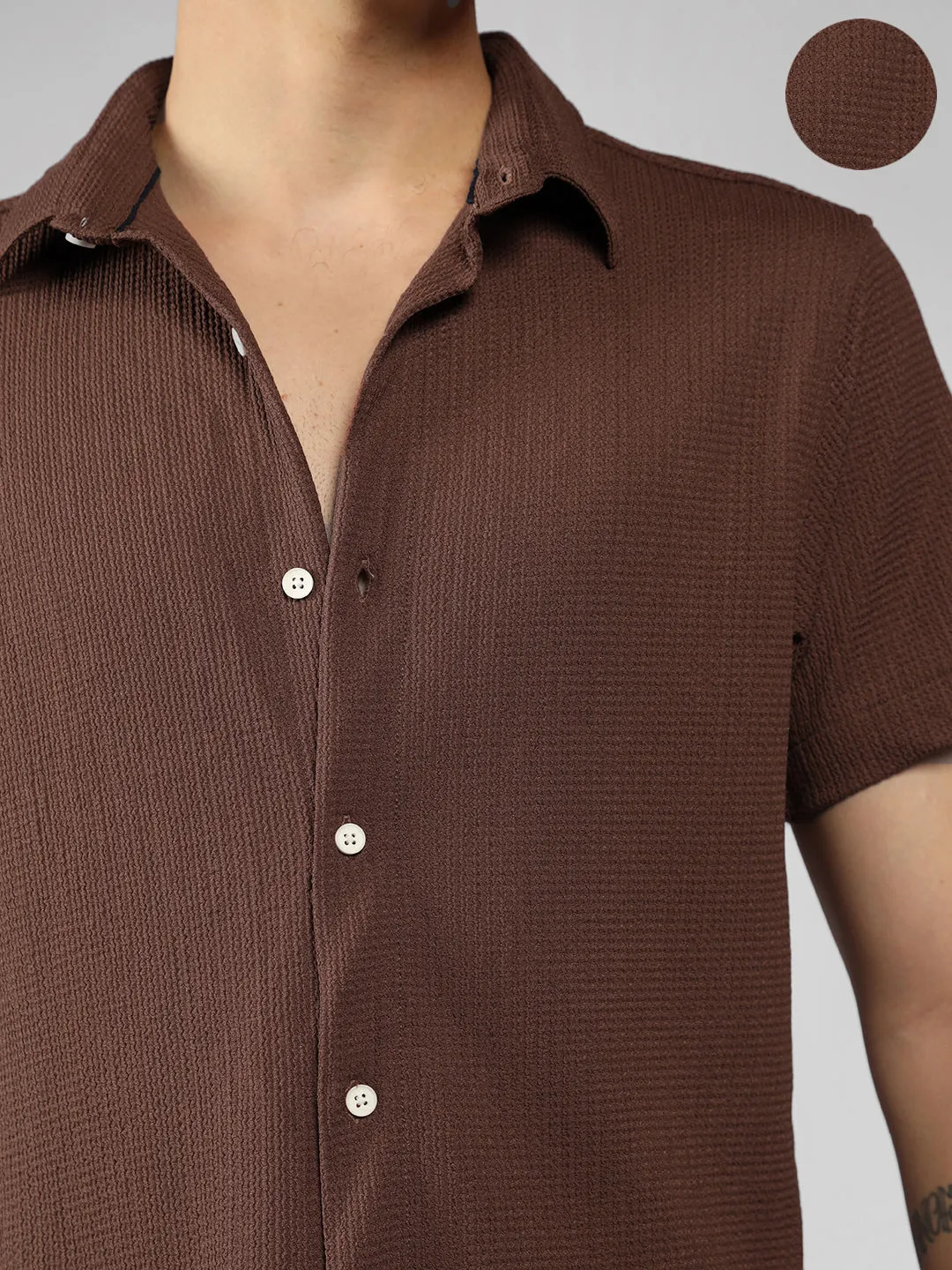 Men's Rust Textured Spread Collar Half sleeve Regular Fit Shirt