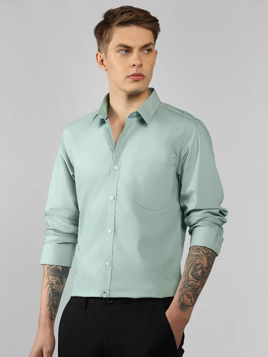 Men's Sage Green Solid Spread Collar Full Sleeve Regular Fit Shirt