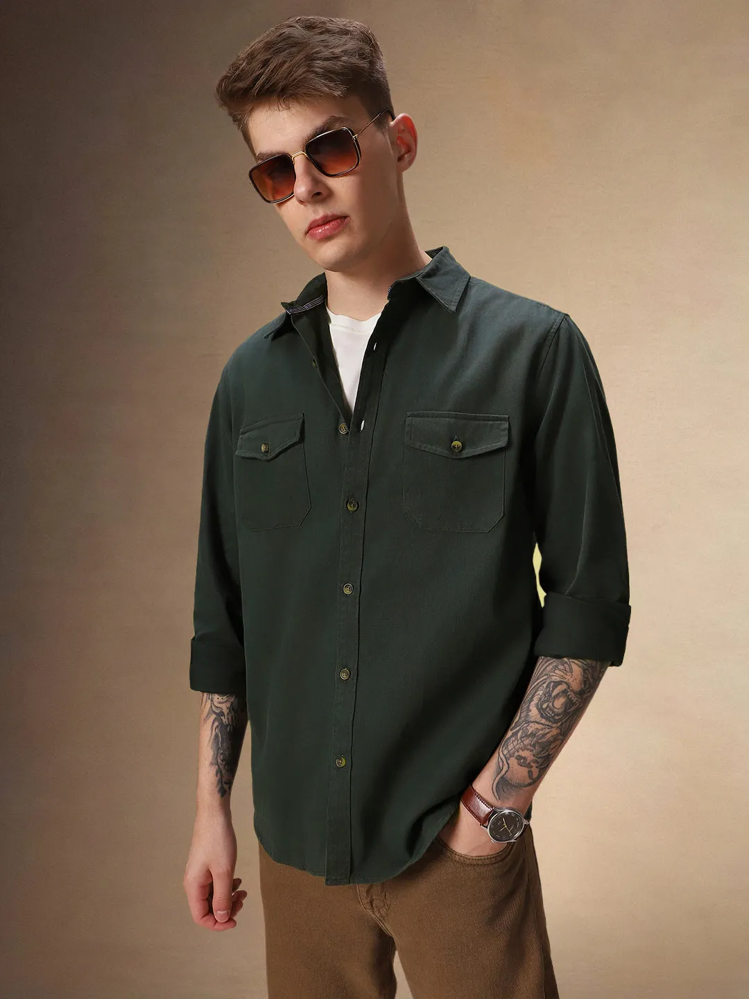 Men's Solid Dark Green Full Sleeves Spread Collar Casual Shirt