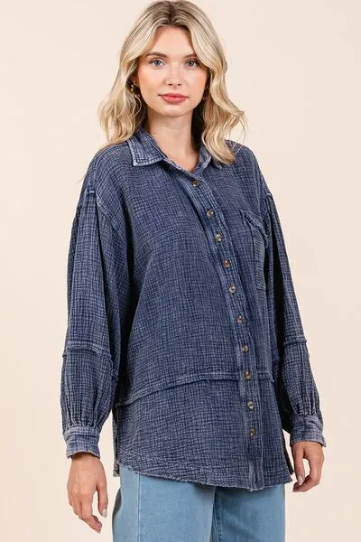 Mittoshop Textured Collared Neck Long Sleeve Shirt