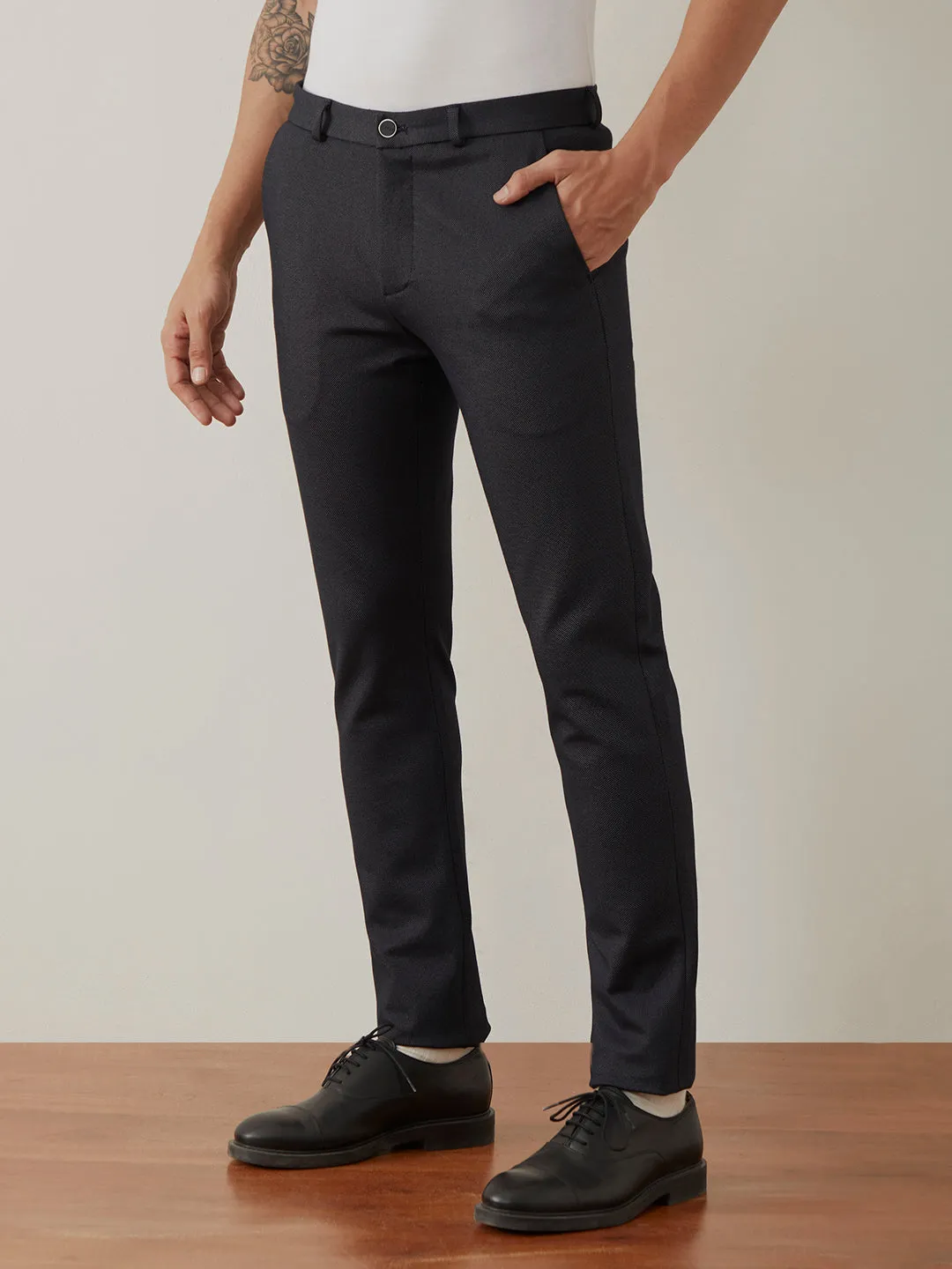 Navy Blue Plain Bi-Stretch Trousers