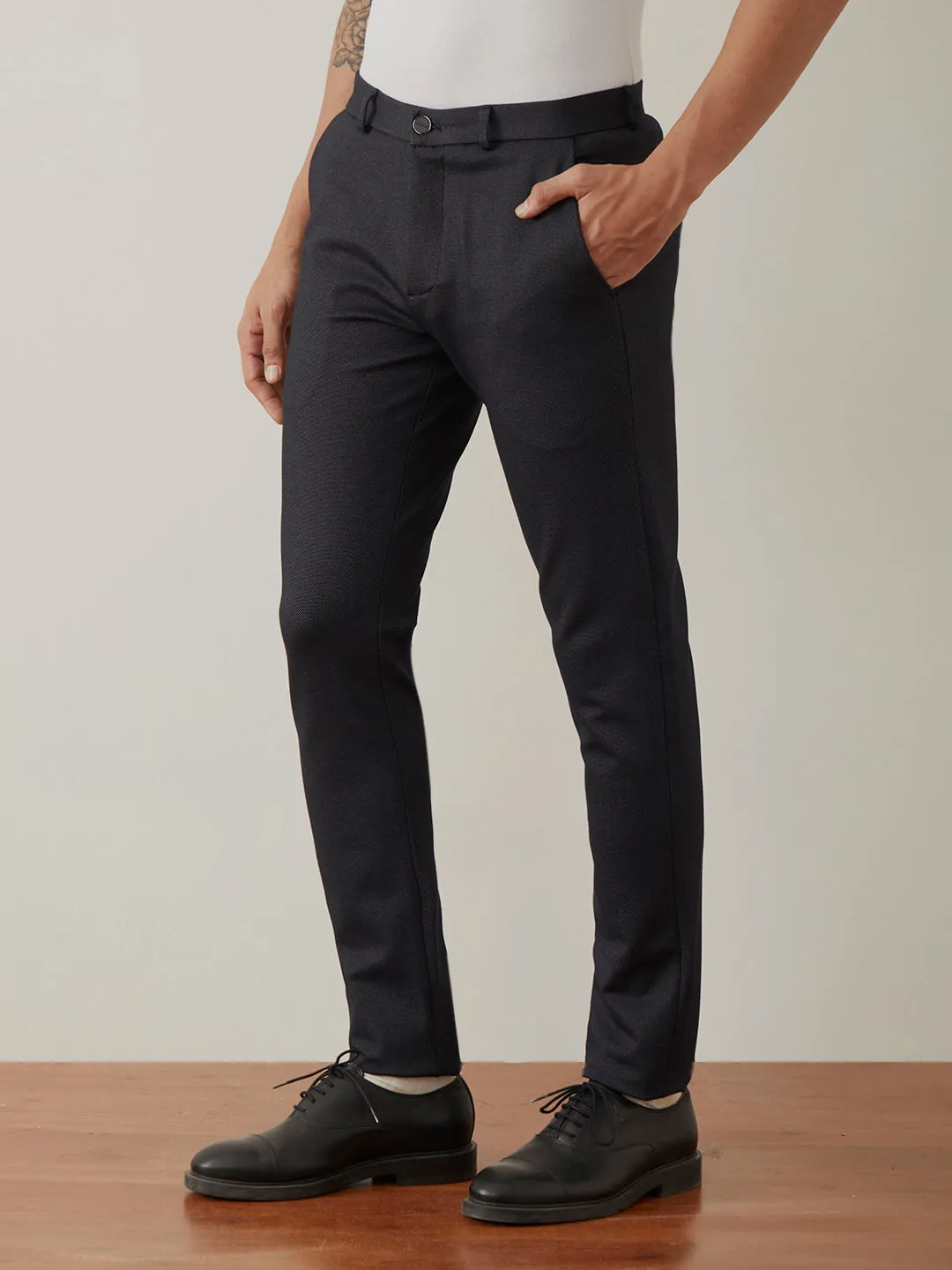 Navy Blue Plain Bi-Stretch Trousers