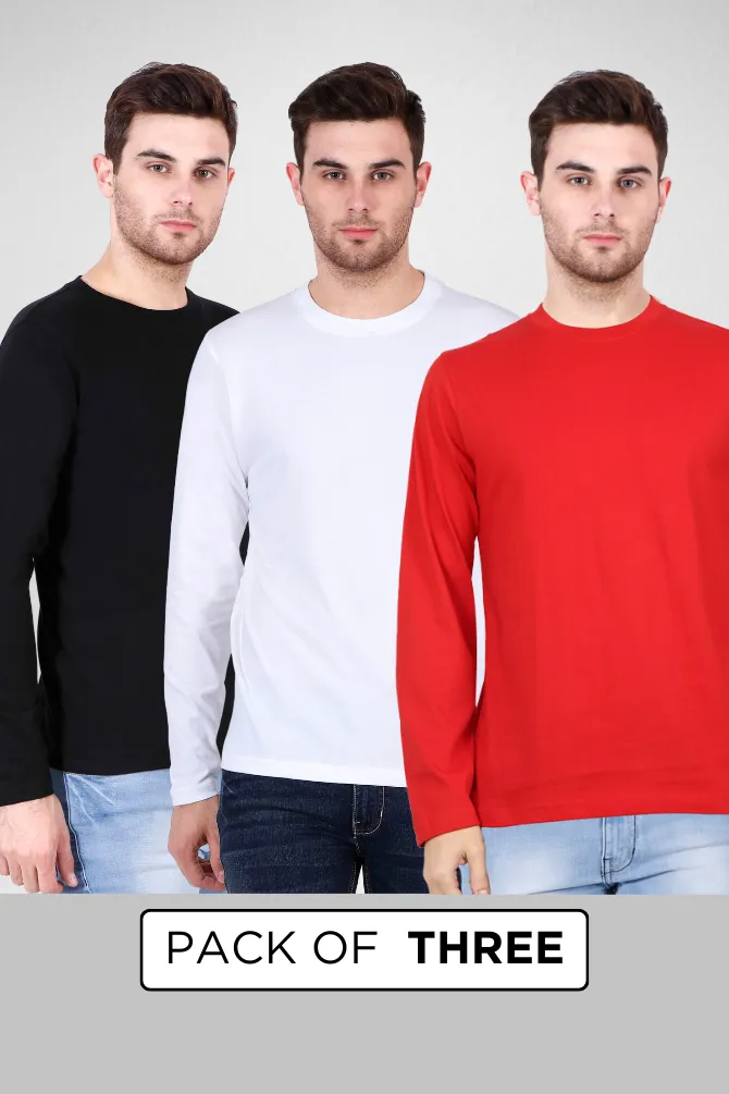 Pack Of 3 Full Sleeve T-Shirts White Black and Red for Men