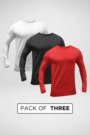 Pack Of 3 Full Sleeve T-Shirts White Black and Red for Men