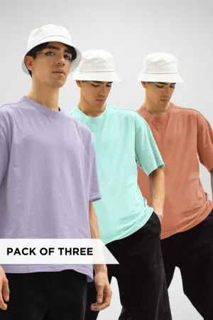 Pack Of 3 Oversized T-Shirts Mint Lavender and Coral for Men