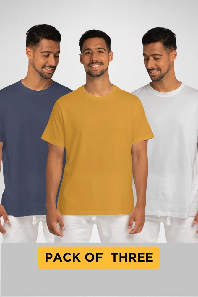 Pack Of 3 Plain T-shirts White Navy Blue and Mustard Yellow for Men