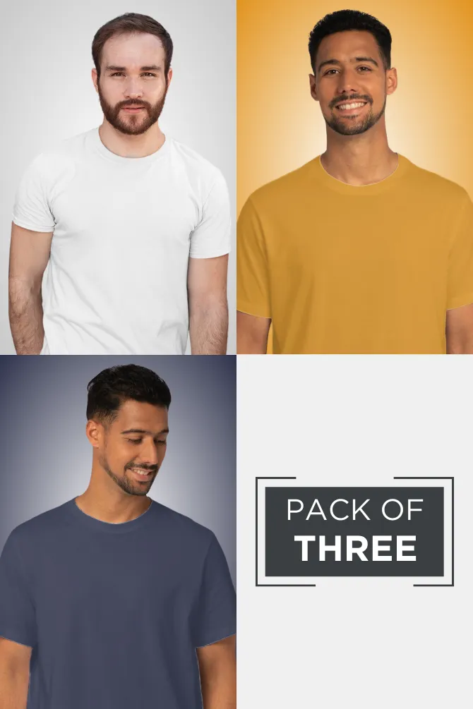 Pack Of 3 Plain T-shirts White Navy Blue and Mustard Yellow for Men