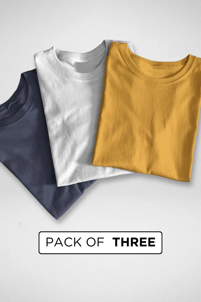 Pack Of 3 Plain T-shirts White Navy Blue and Mustard Yellow for Men