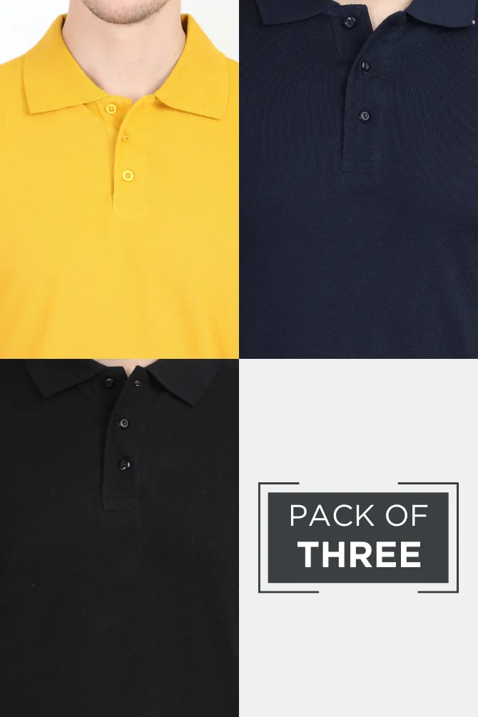 Pack of 3 Polo T-Shirts for Men - Black, Navy Blue and Mustard Yellow