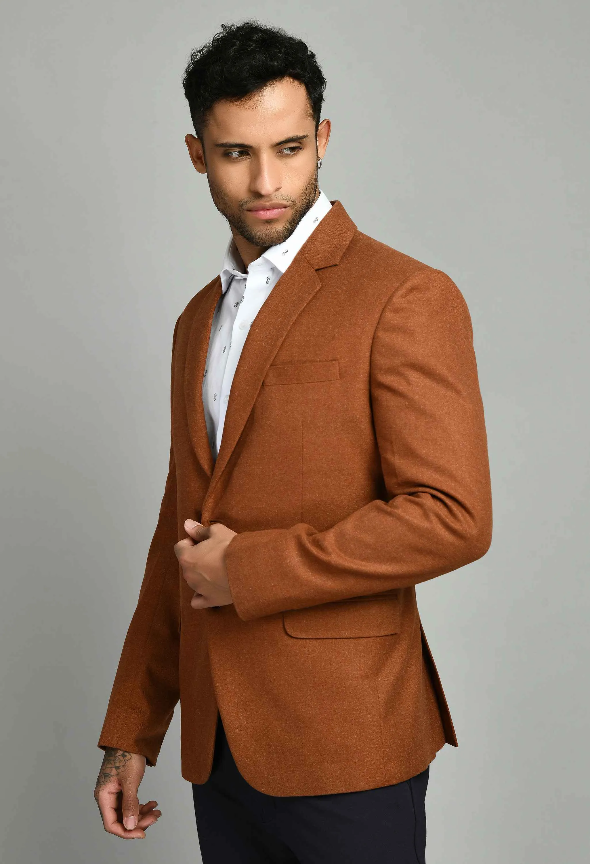 Rust Solid Casual Blazers with Notched Lapel