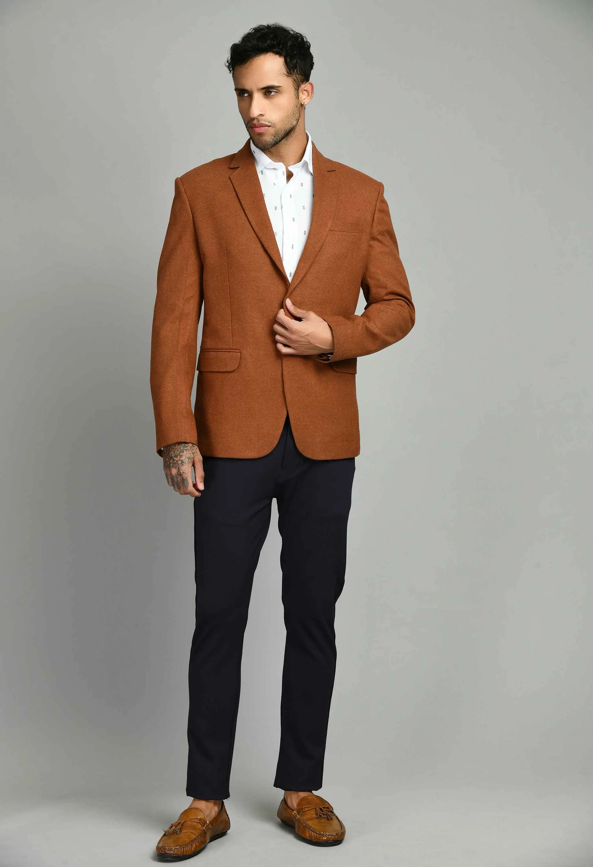 Rust Solid Casual Blazers with Notched Lapel