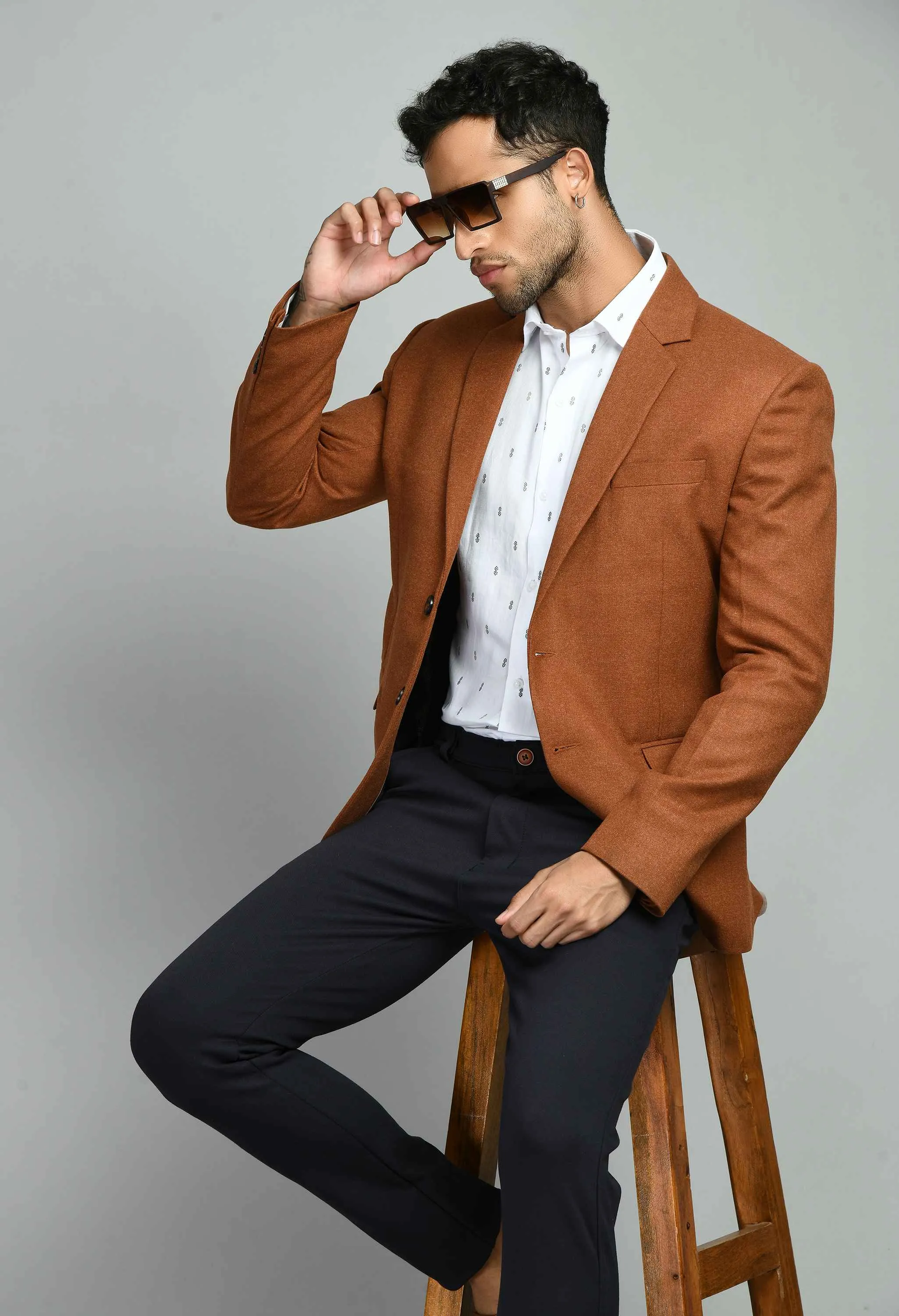 Rust Solid Casual Blazers with Notched Lapel