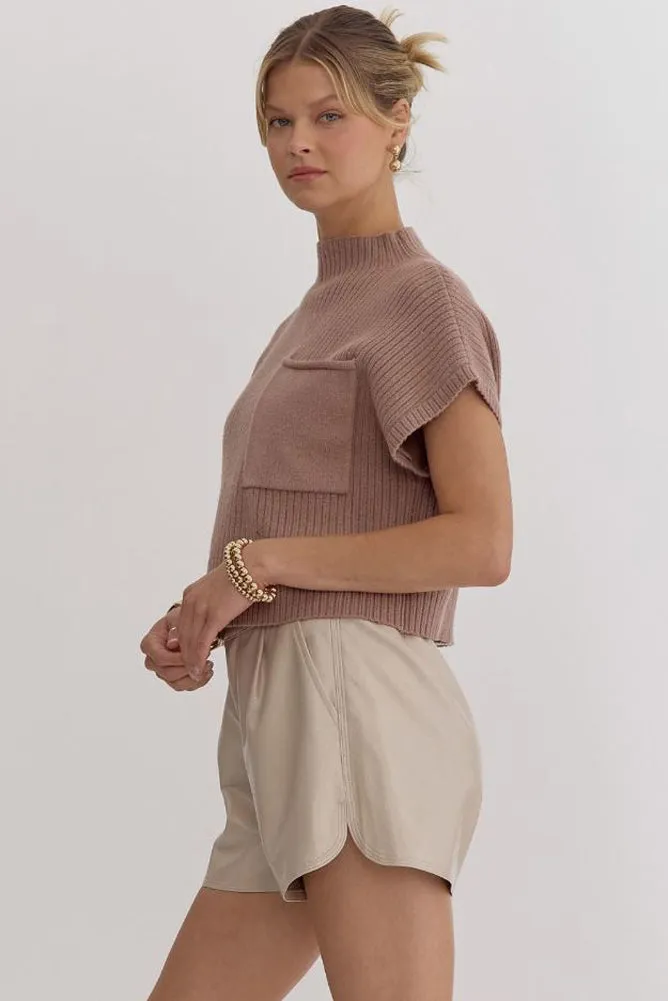 Solid Knit Mock Neck SS Sweater in Mocha by Entro