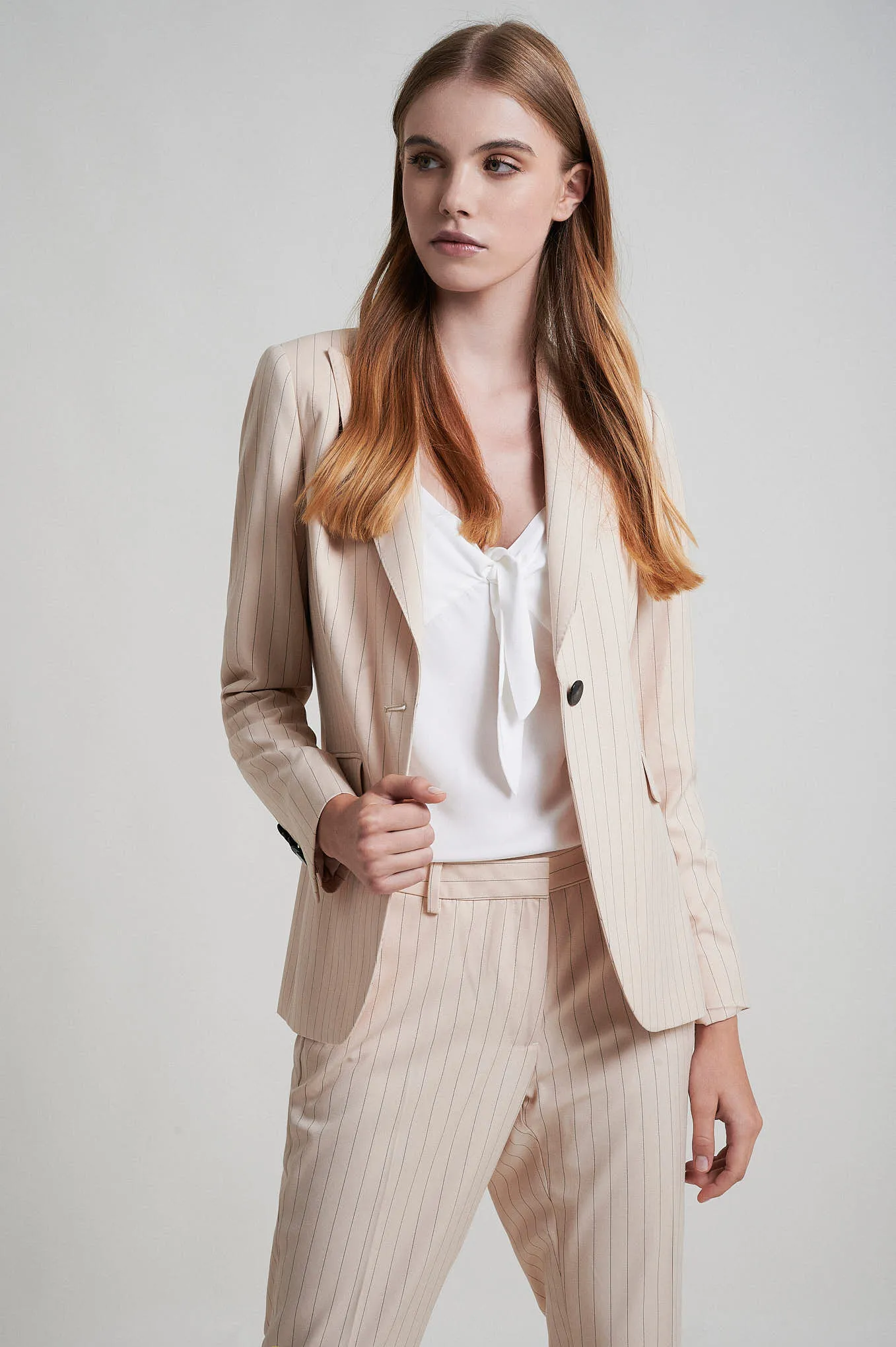 Stripped suit with single button blazer