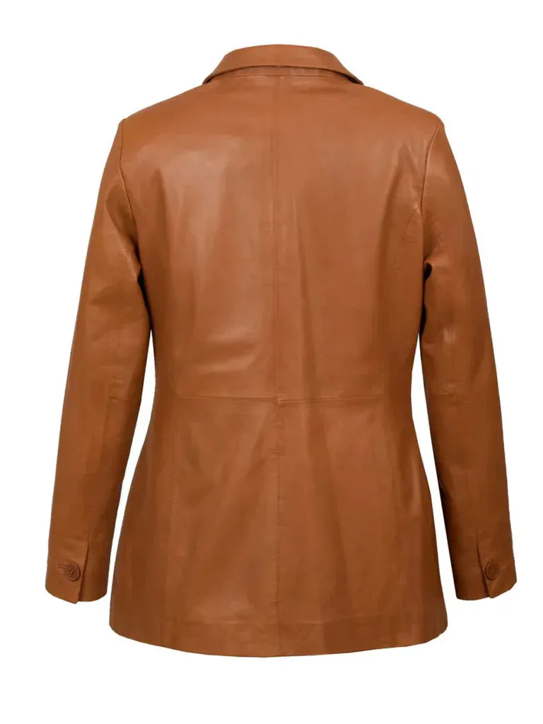 Tan Brown Genuine Leather Long Blazer