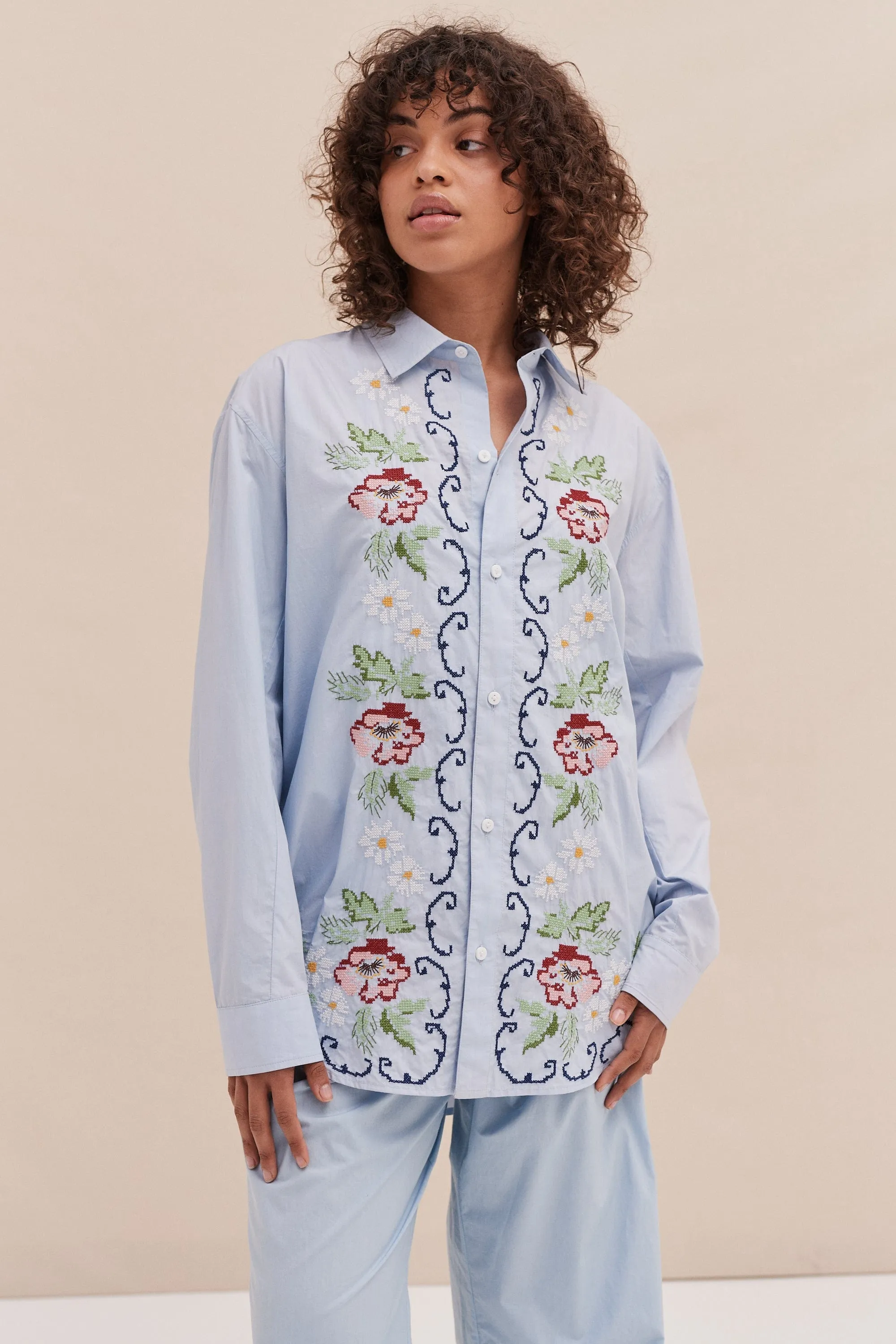 Unisex Lounge Shirt Dorothea Cross Stitch Print Light Blue