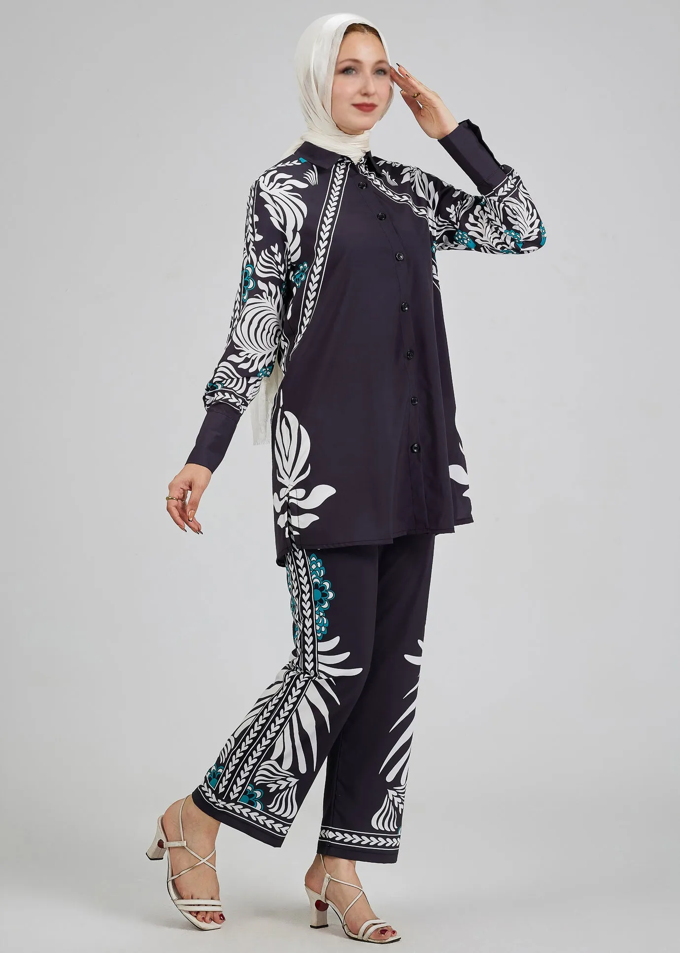 Wafa Celeste Floral Printed Button-Down Tunic with Matching Trousers