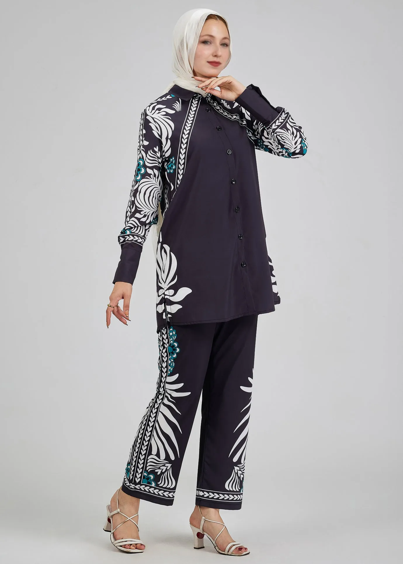 Wafa Celeste Floral Printed Button-Down Tunic with Matching Trousers