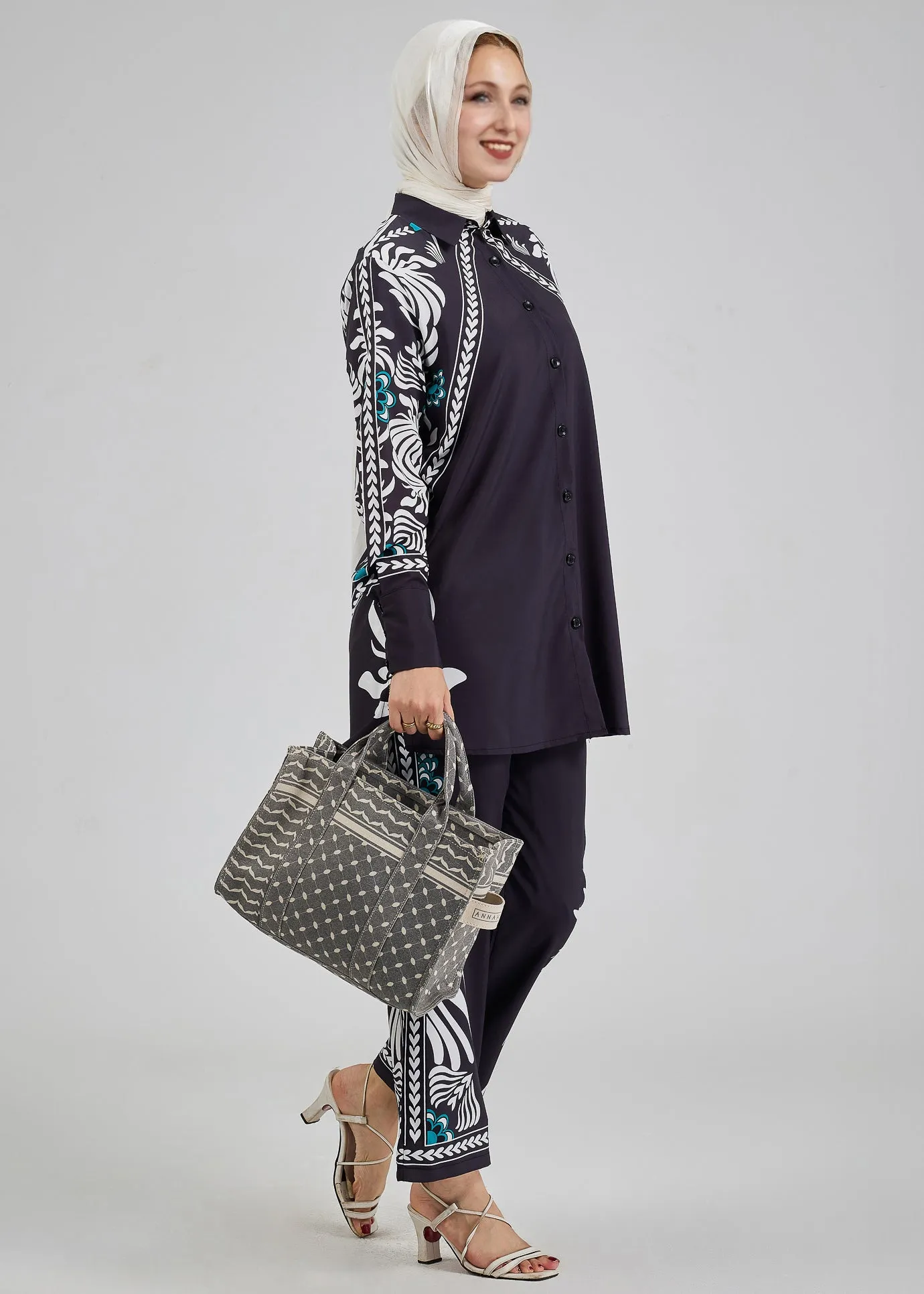 Wafa Celeste Floral Printed Button-Down Tunic with Matching Trousers