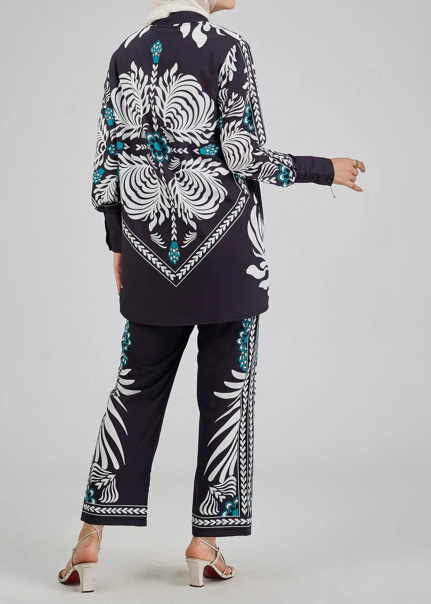 Wafa Celeste Floral Printed Button-Down Tunic with Matching Trousers