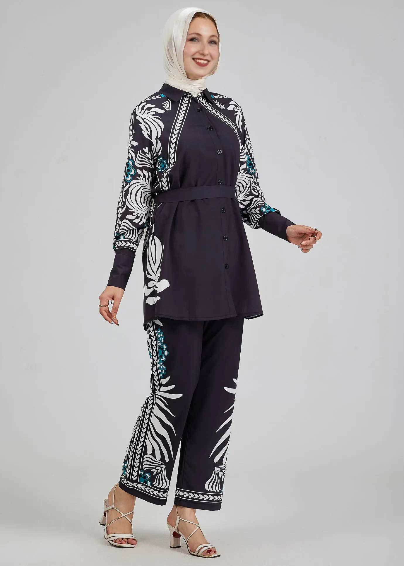 Wafa Celeste Floral Printed Button-Down Tunic with Matching Trousers