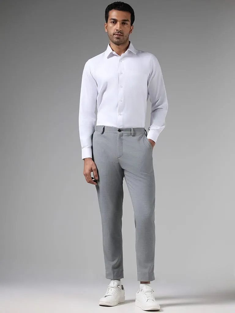 WES Formals Solid Grey Slim-Fit Mid-Rise Trousers