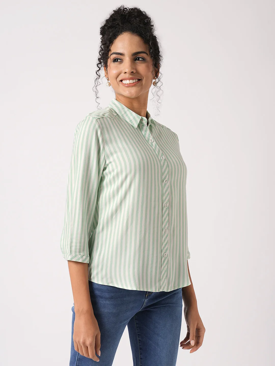 Women Slim Fit Mint/White Stripe Shirt