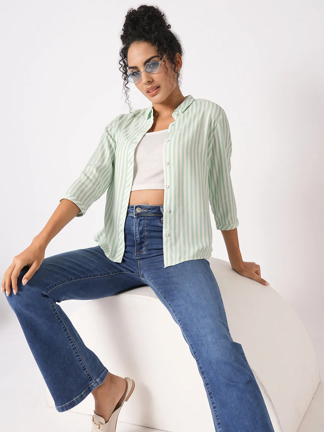 Women Slim Fit Mint/White Stripe Shirt