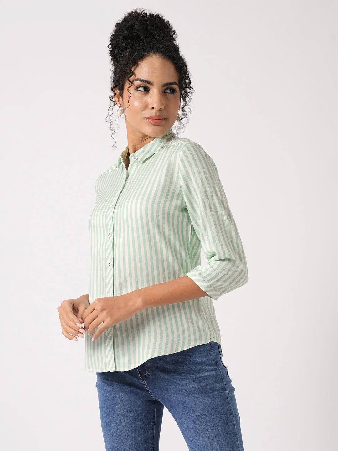 Women Slim Fit Mint/White Stripe Shirt