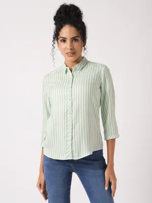 Women Slim Fit Mint/White Stripe Shirt