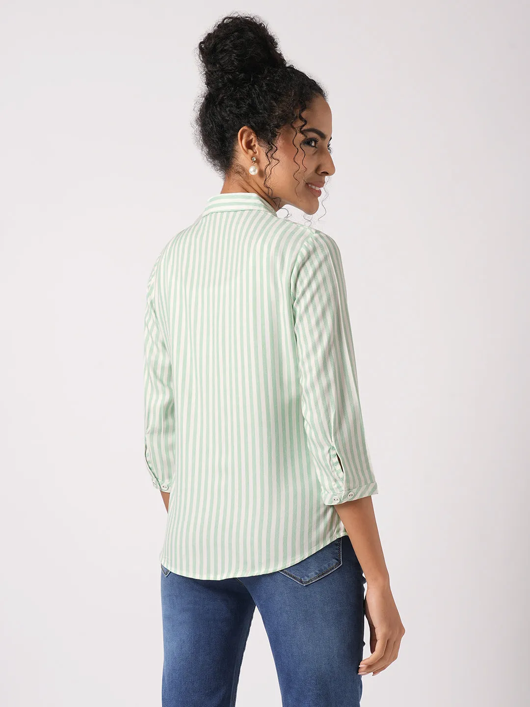 Women Slim Fit Mint/White Stripe Shirt