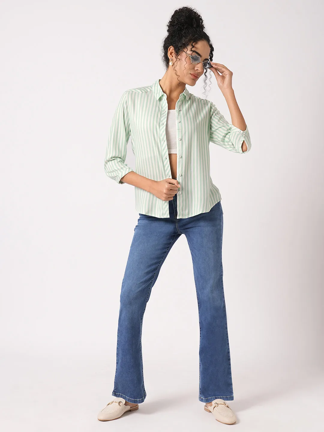 Women Slim Fit Mint/White Stripe Shirt