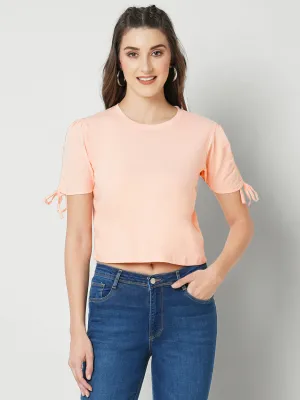 Women Slim Fit Ruched Sleeve Crop T-Shirt