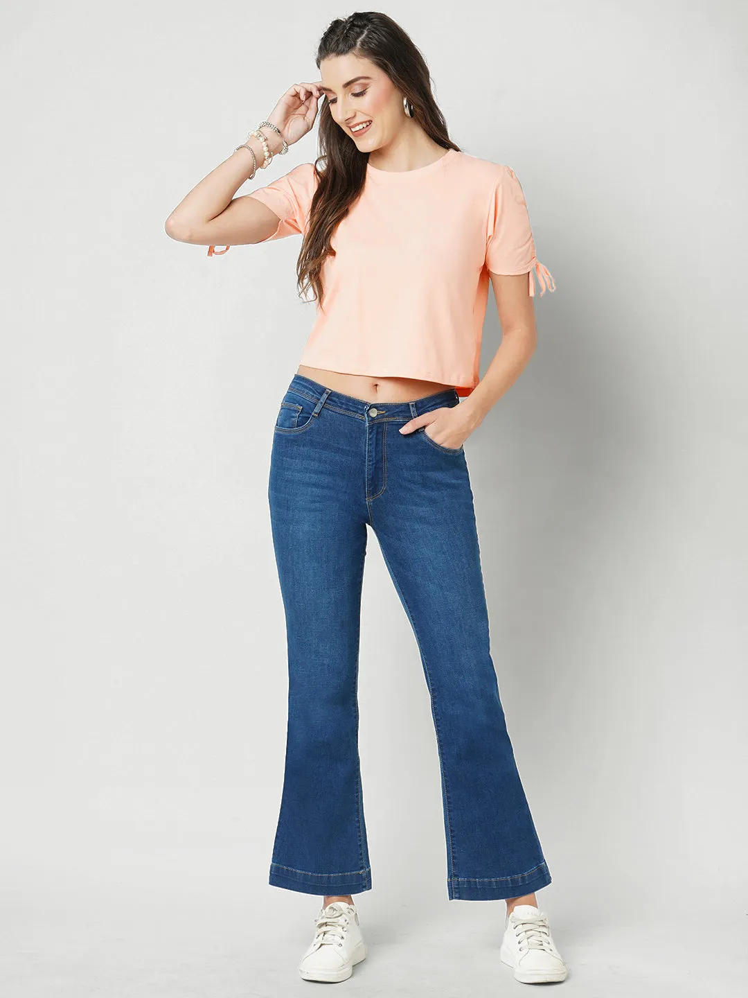 Women Slim Fit Ruched Sleeve Crop T-Shirt