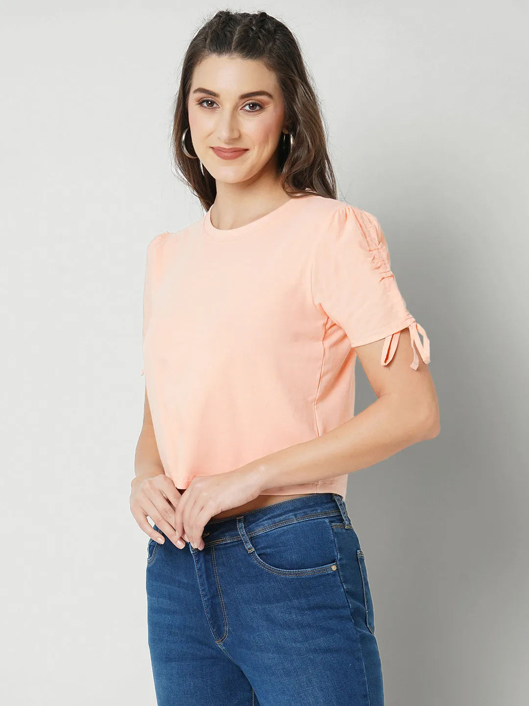 Women Slim Fit Ruched Sleeve Crop T-Shirt